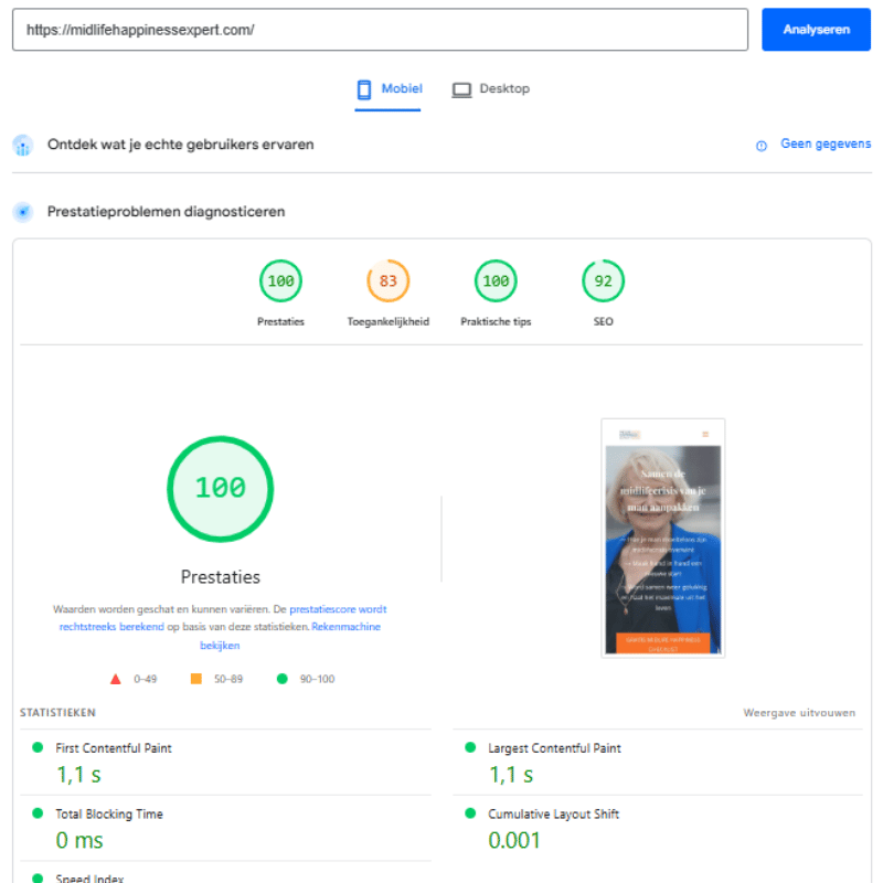 QuickWebify website speed optimization result