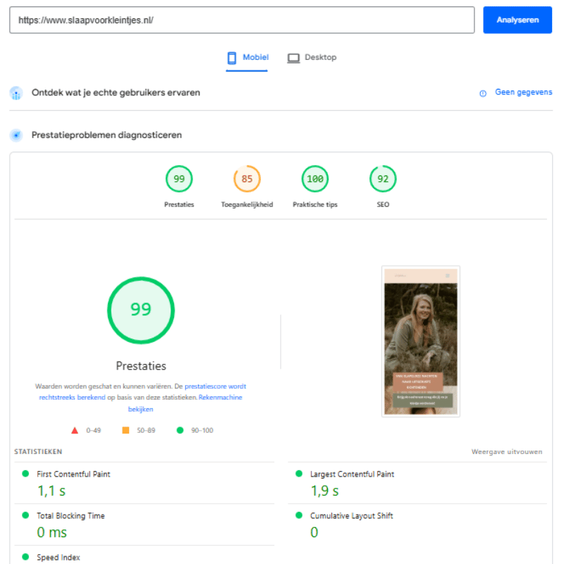 QuickWebify website speed optimization result
