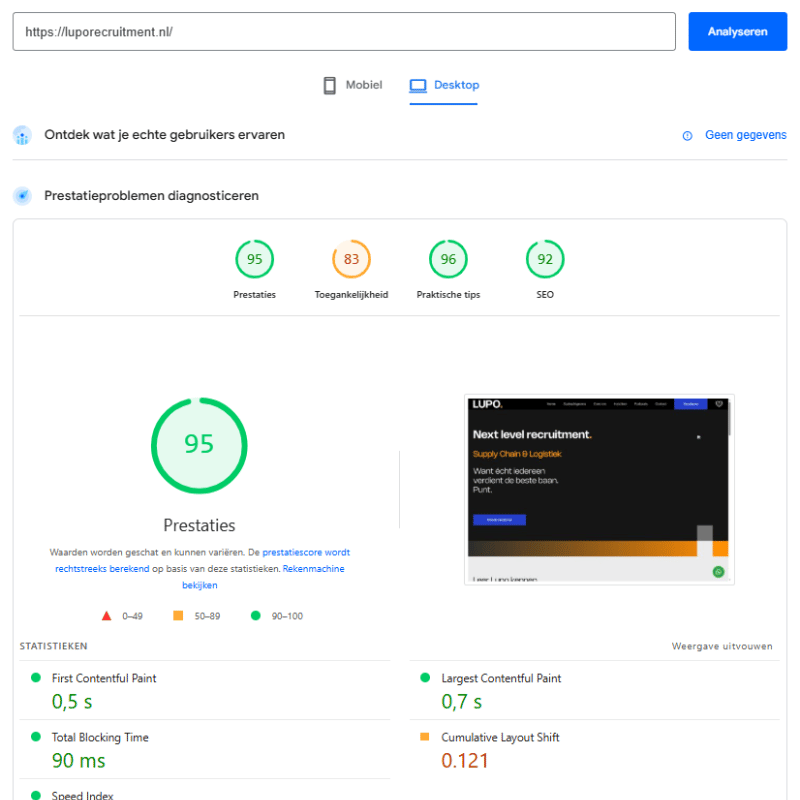 QuickWebify website speed optimization result