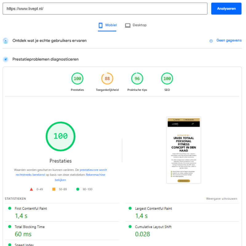 QuickWebify website speed optimization result