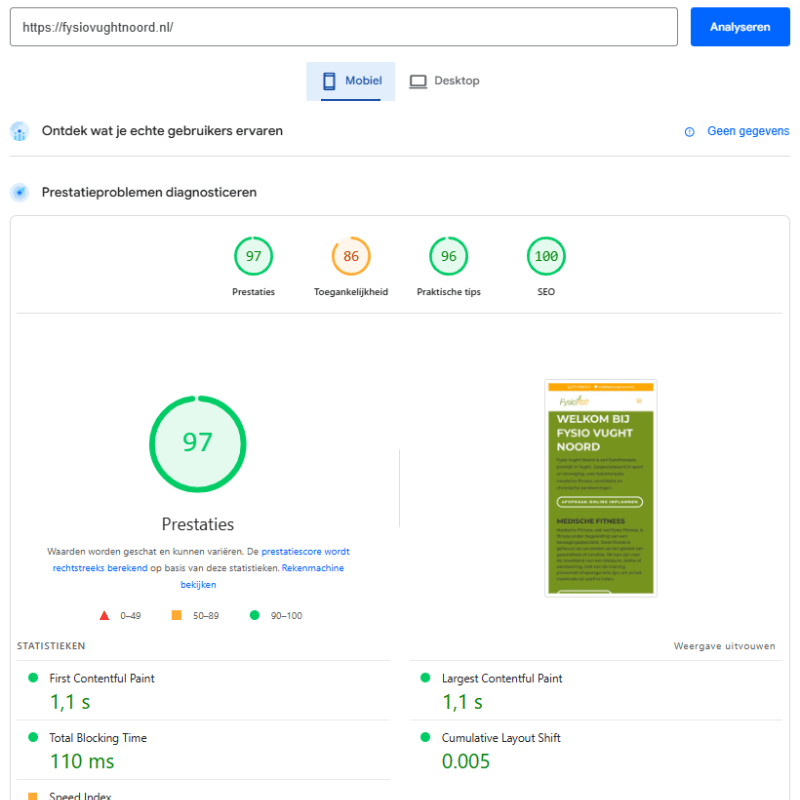 QuickWebify website speed optimization result